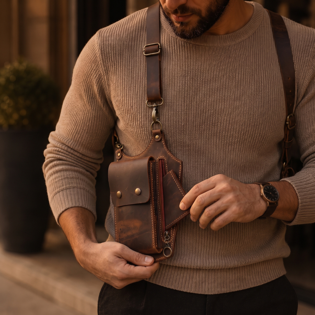 Two-Compartment Crossbody Wearable Leather Holster Bag