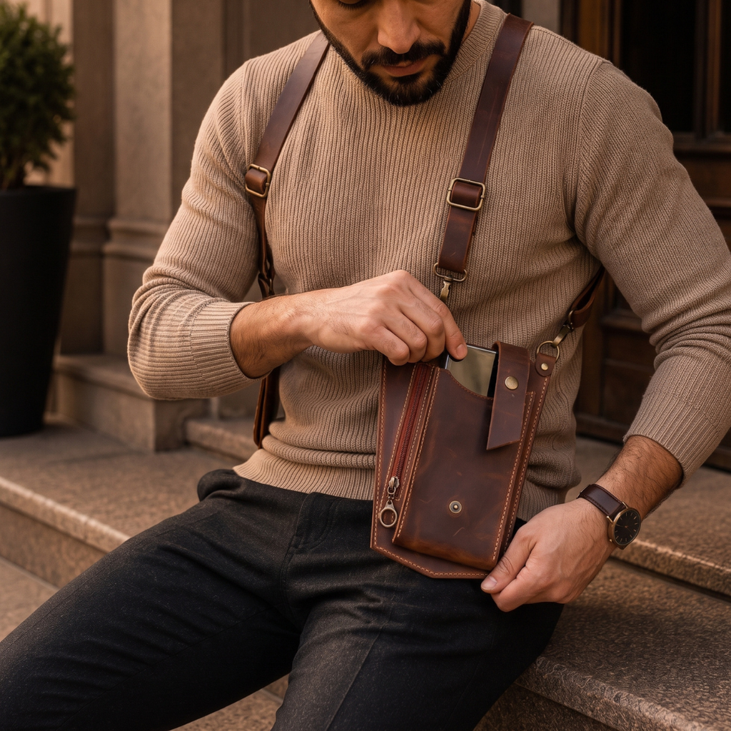 Two-Compartment Crossbody Wearable Leather Holster Bag