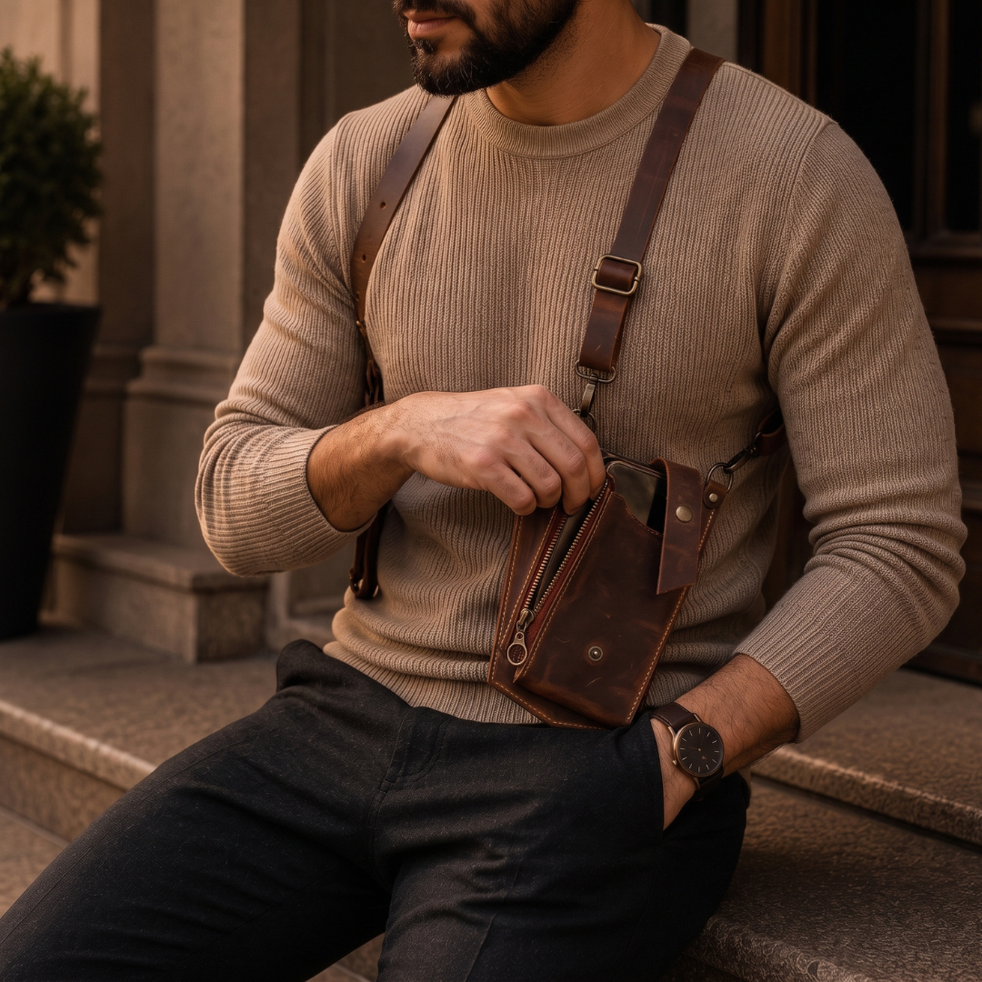 Two-Compartment Crossbody Wearable Leather Holster Bag