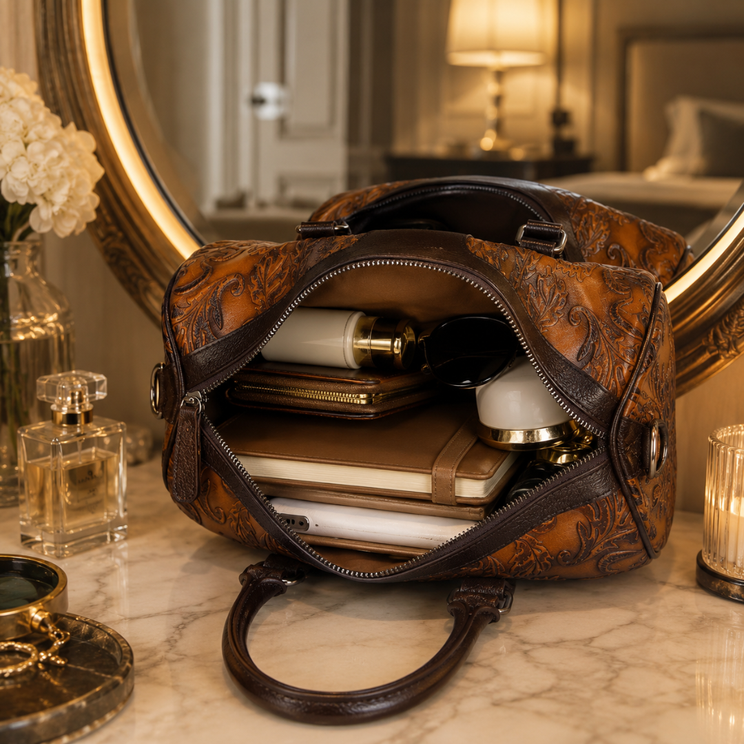 Vintage Genuine Cowhide Embossed Floral Leather Handbag