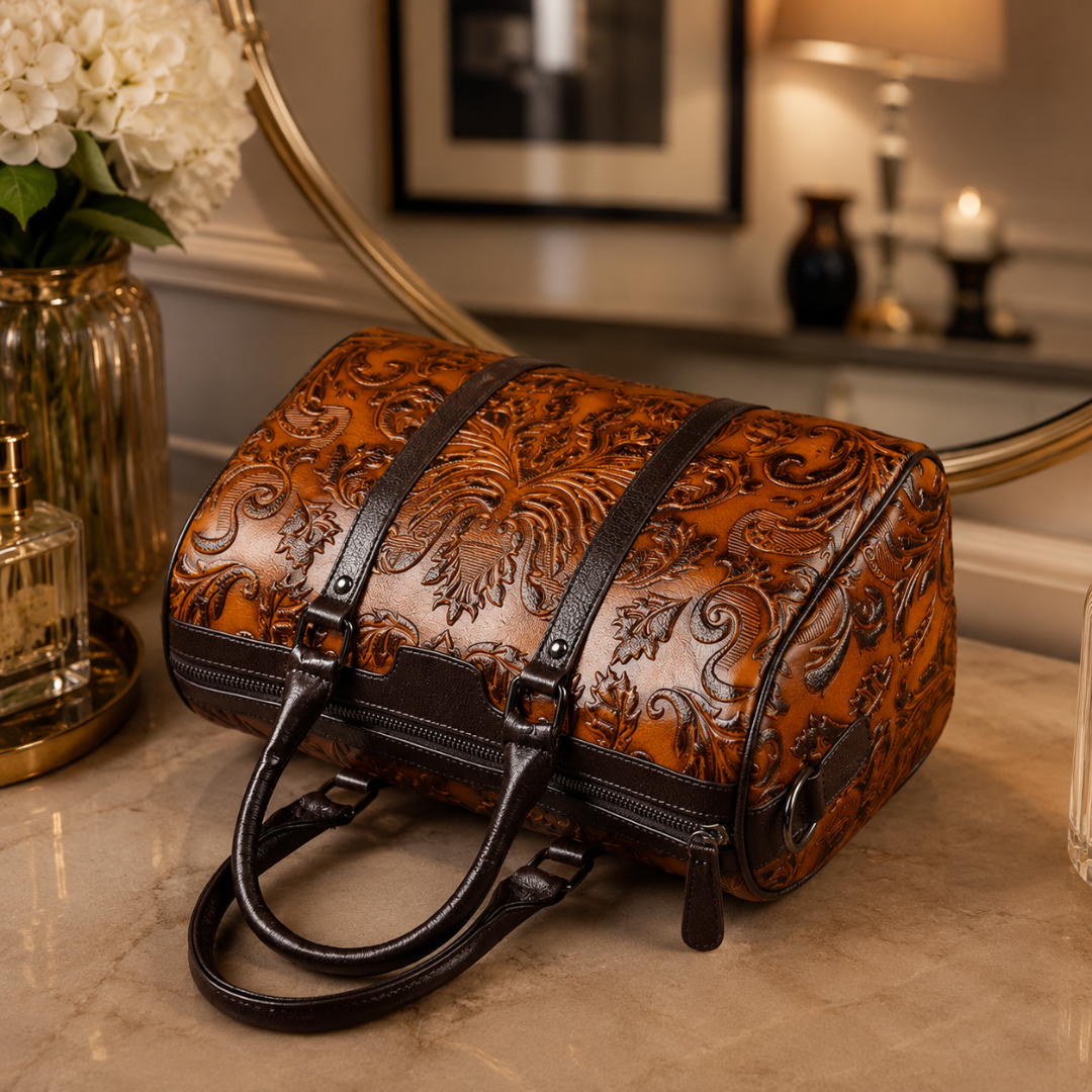 Vintage Genuine Cowhide Embossed Floral Leather Handbag