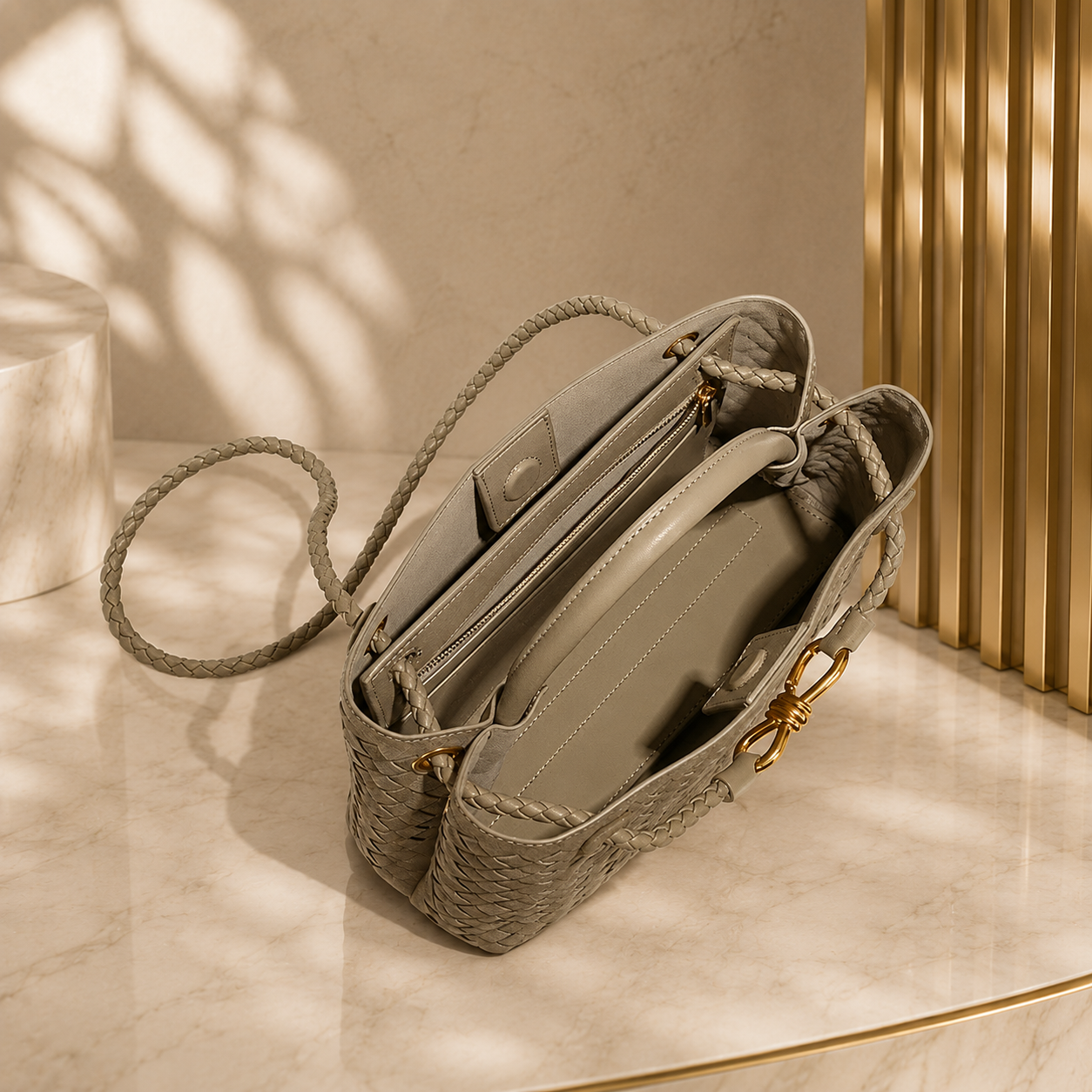 Woven PU Leather Top Handle Shoulder Bag