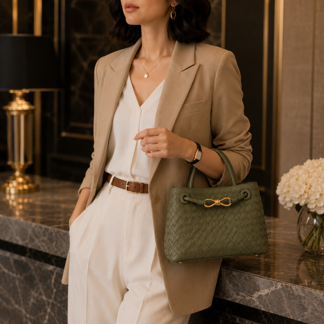 Woven PU Leather Top Handle Shoulder Bag