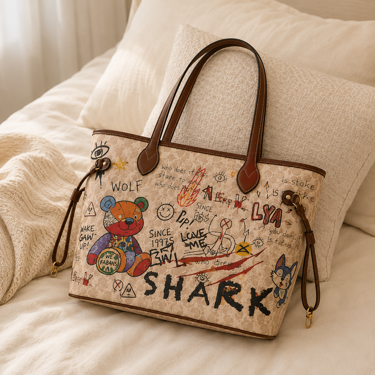 Bear Graffiti PU Leather Tote Bag