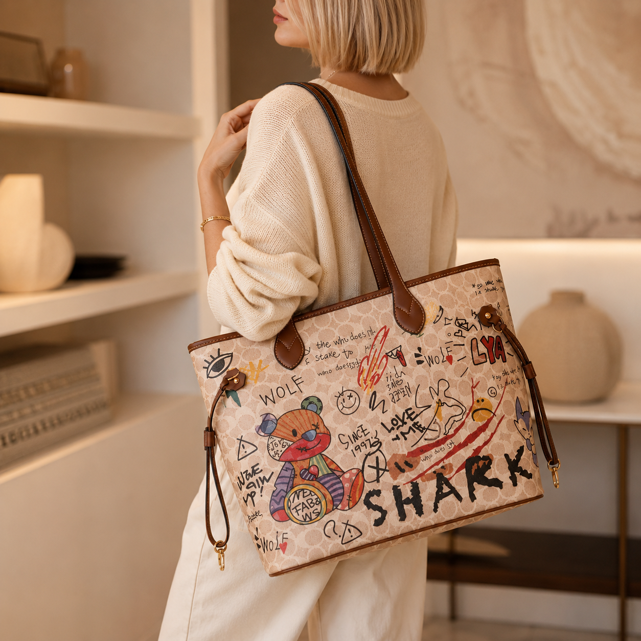 Bear Graffiti PU Leather Tote Bag