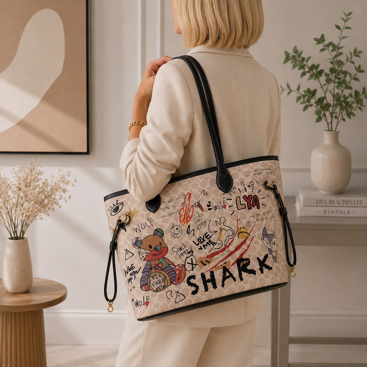 Bear Graffiti PU Leather Tote Bag